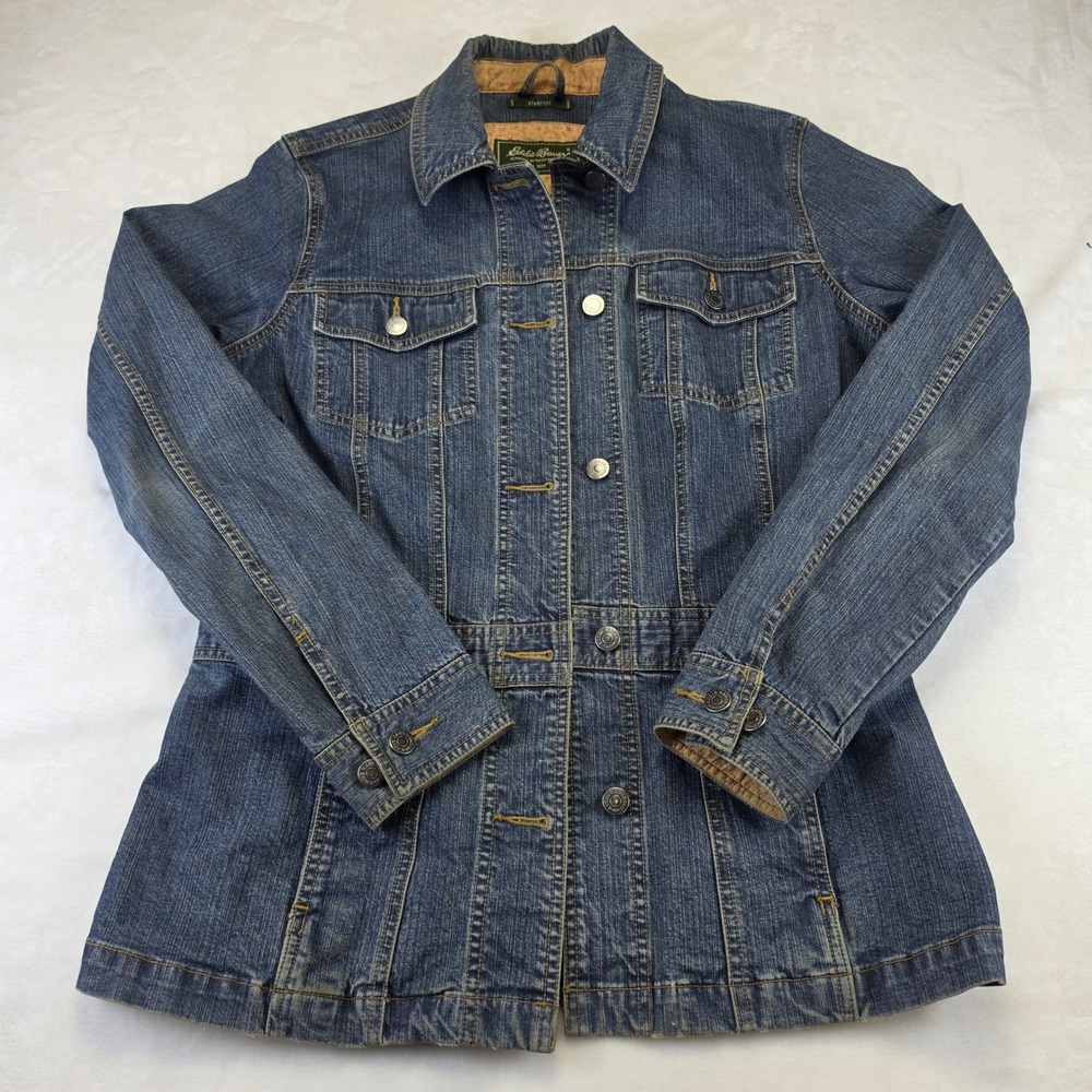 Eddie Bauer Denim Jacket Womens Tall M Blue Excellent Stretch Floral Trim